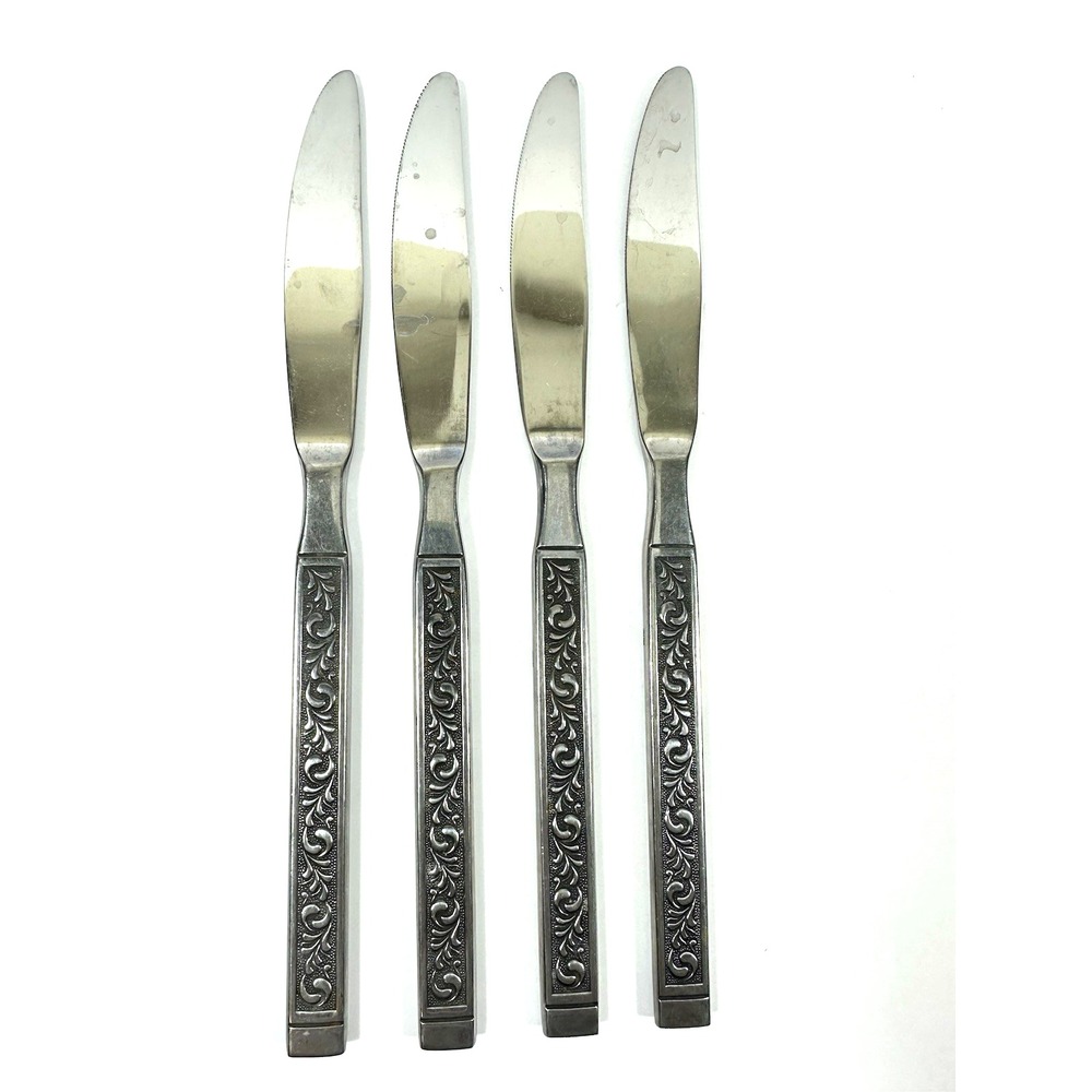 Japan‎ Stainless Flatware Knives Textured Black Scroll Vtg MCM Set Of 4